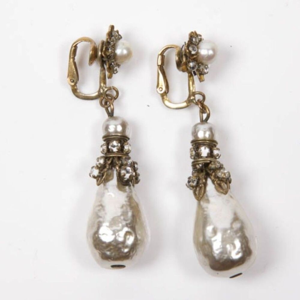 Vintage Miriam Haskell Pearl Drop Earrings Signed Russian Gold Filigree Clip-On